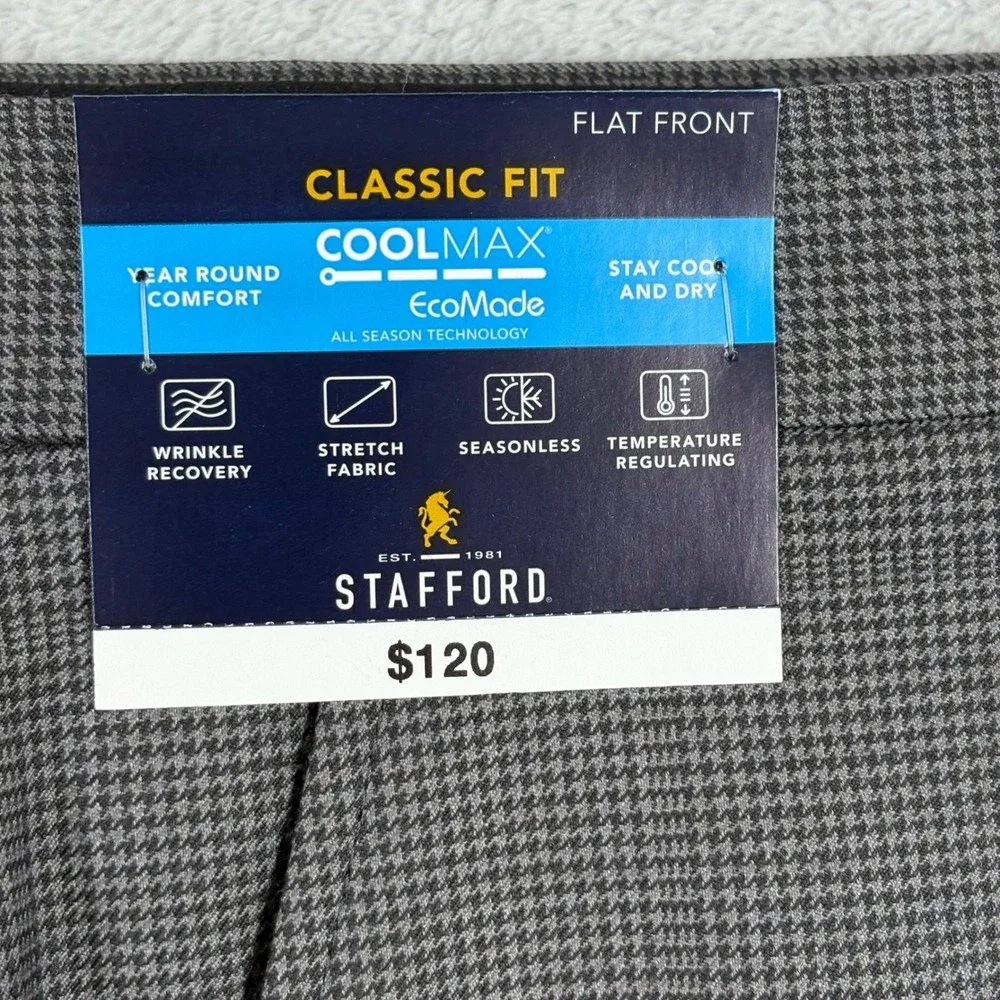 Stafford CoolMax Ecomode Gray Houndstooth Classic Wool Blend Dress Pants 42x32